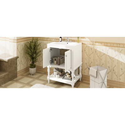 Meuble-lavabo de 24 pouces avec lavabo en céramique ultrabrillante, esthétique rétro, fonction de déversement, rangement intelligent de style classique et moderne de luxe, tablette ouverte pour un accès rapide aux articles de toilette, intimité fermée