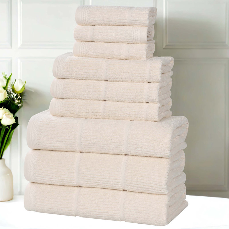 Milo Smart Twist Viscose Cotton Blend Medium Weight Quick Dry Solid Ribbed 9 Piece Bath Towel Set, Ivory, 9 Piece Towel Set