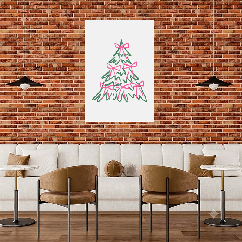 «Pink Bow Christmas Tree Abstract Contemporary Christmas Tree Winter Landscape», reproduction d'art mural, 48" H x 32" W