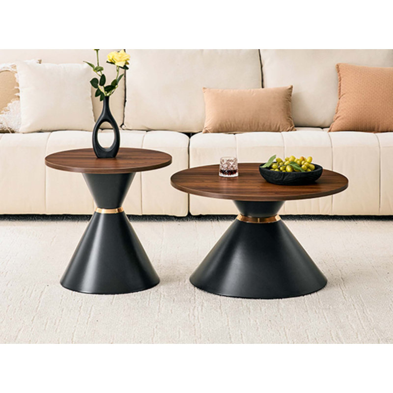 Ensemble de 2 tables basses rondes à la mode, comptoir texturé avec base en métal stable, table d'appoint facile à nettoyer dans le salon et la chambre à coucher