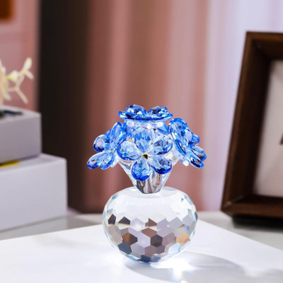 Crystal Forget-Me-Not Flower Bouquet Figurine with Faceted Round Base