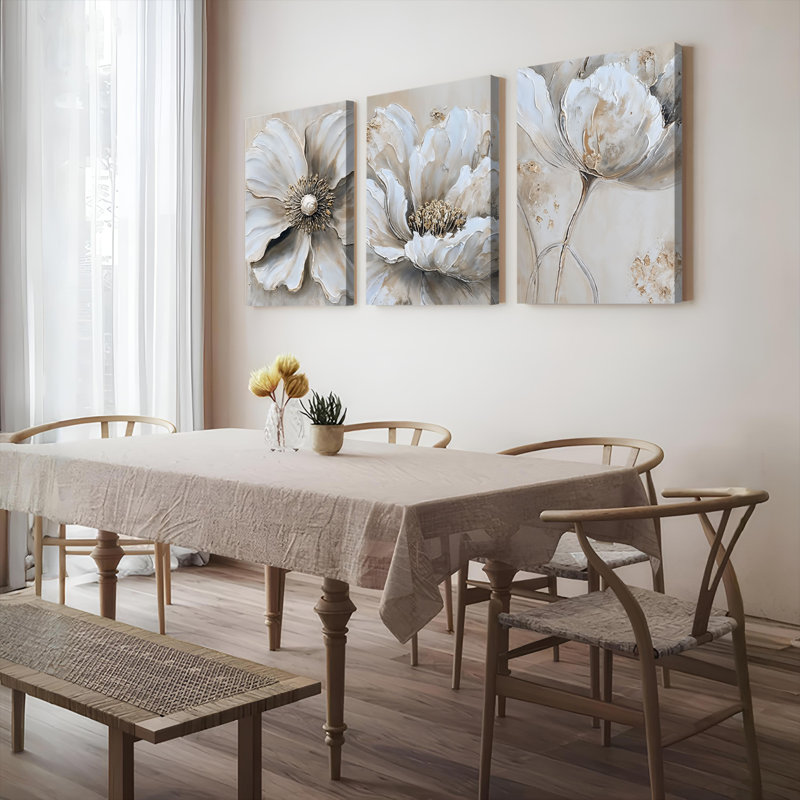 Élégant tableau mural floral sur toile tendue (ensemble de 3), H 36 po x l 72 po