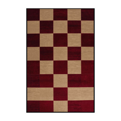Machine Washable Checkered Red Area Rug