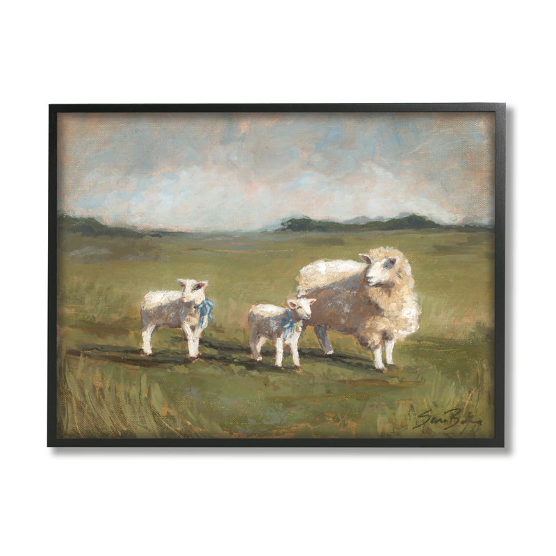 «Sheep and Lamb Family», Sara Grazing - Peinture sur bois à cadre flottant, H 16 po x l 20 po x P 1,5 po
