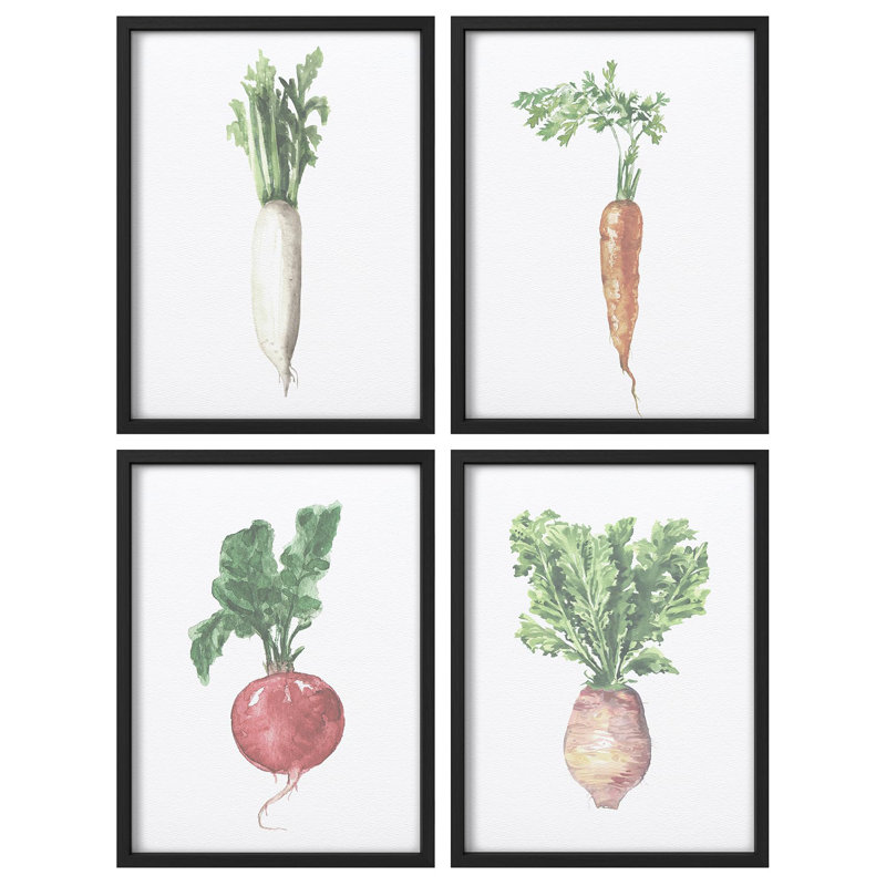 "Aquarelle, œuvre de légumes, carotte, radis, betterave et daïkon", 4 pièces, Noir, H 16 po x l 12 po