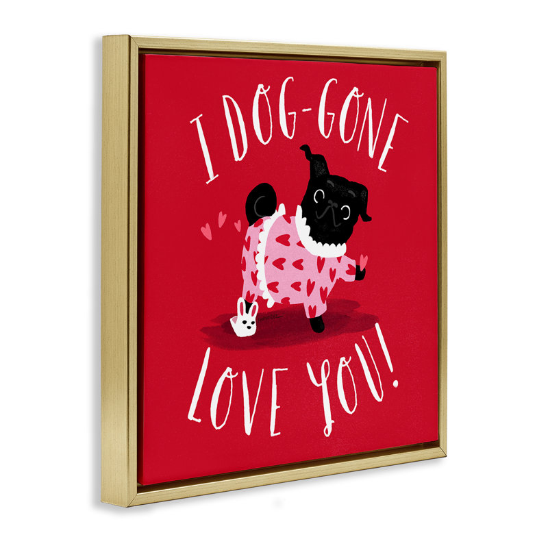 "Dog-Gone Love You", art mural sur toile flottant gris par Leeza Hernandez, Cadre flottant métallique doré, H 25 po x l 25 po