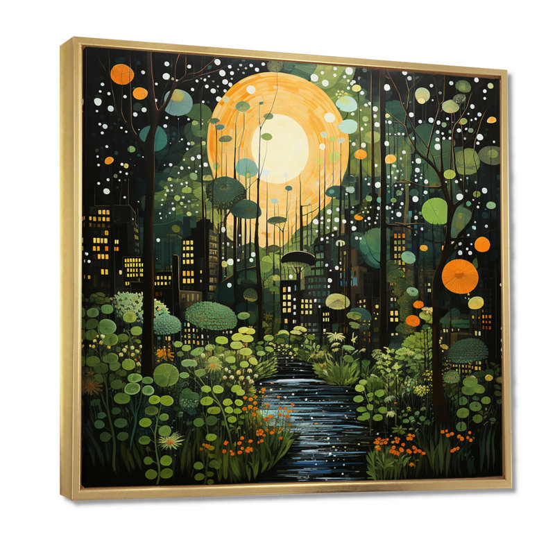 Art mural grand vert, jaune et jungle urbaine - Collages abstraits, Cadre flottant doré, 44" H x 44" W