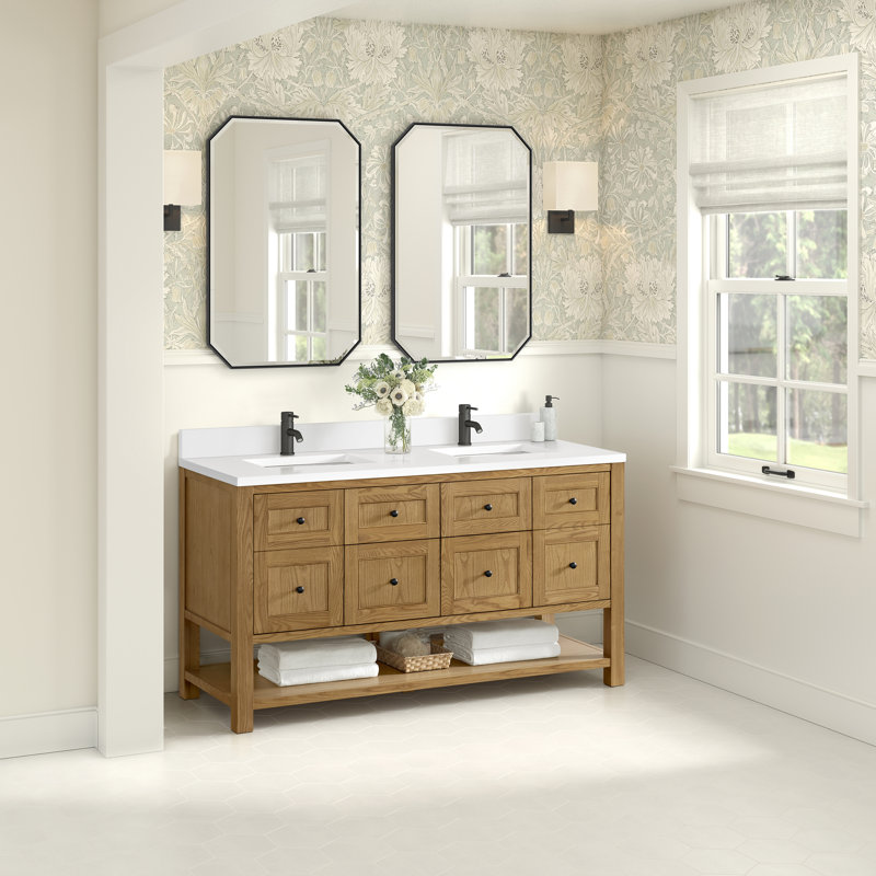 Breckenridge 60'' W Double Vanity, Single Hole, Light Natural Oak, White Zeus Silestone