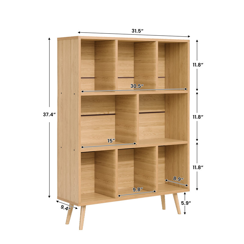 31.5" Bookcase Sideboard Storage Shelf 3-Shelf 8-Module with 4 Solid Wood Legs, Natural