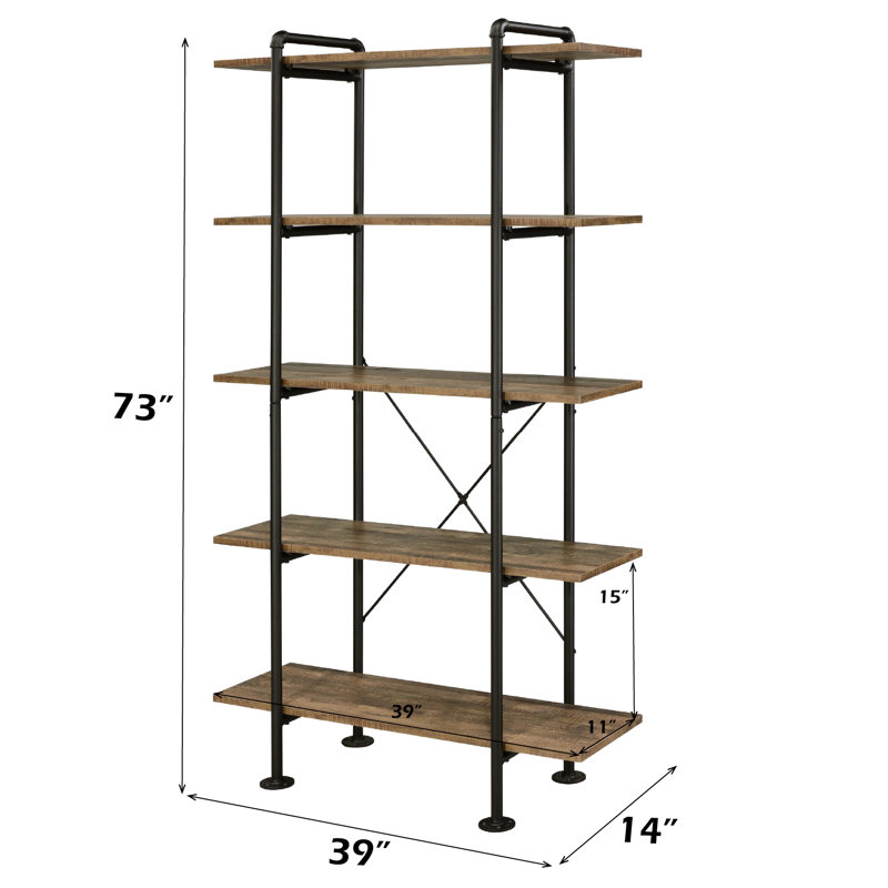 Eligha 6-Shelf Bookcase in Rustic Oak and Black, Brown