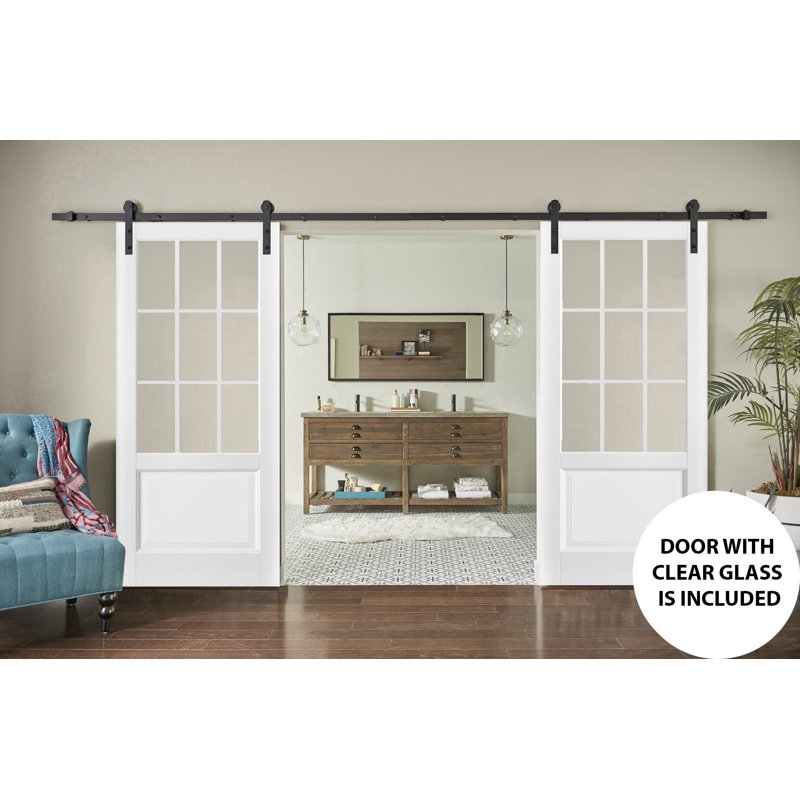 Porte de grange double robuste avec châssis Felicia 3599 Blanc Soie et vitrage transparent, rails de 4 m (13 pi), portes intérieures à panneaux pleins et lourds - 152 cm x 203 cm (60 po x 80 po) (2 x 76 cm x 80 po) - vitrage transparent - rail noir
