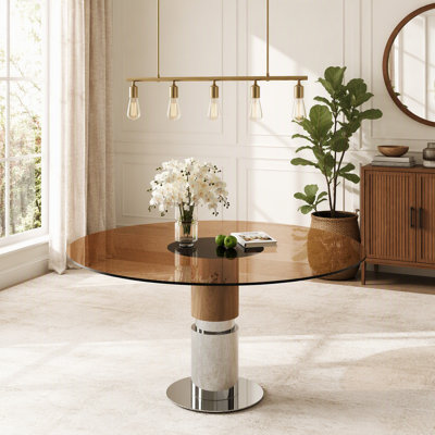 Table de salle à manger ronde en verre de 35 pouces, plateau en verre trempé, pieds en acier inoxydable, pouvant accueillir de 2 à 4 personnes. Petite table ronde brun foncé, idéale pour les restaurants et les appartements.