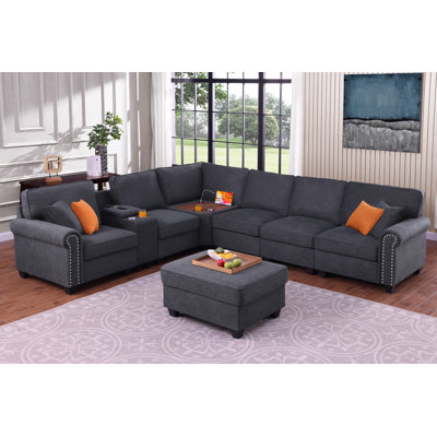 Mcclaine Corner Sectional Sofa With Cupholder Console With A Corner Table With USB Port And An Ottoman