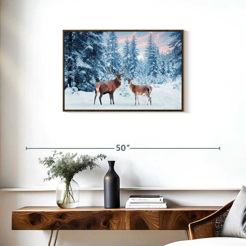 Cerf Winter Wonderland, Cadre flottant en noyer, 31 po x 21 po