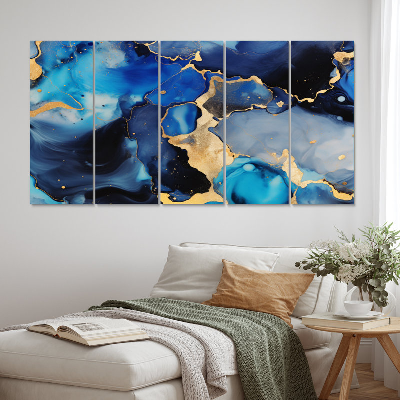 Bleu et or, art abstrait fluide de luxe V - fractales, art mural sur toile - 5 panneaux égaux