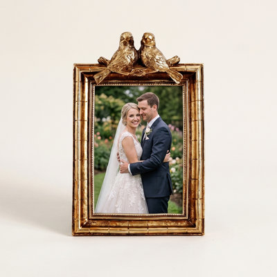 Gold Love Birds Photo Frame, Antique Gold Vintage Resin Picture Frame with Sculpted Bird Topper, Tabletop Display for 4x6 5x7, Wedding Gift