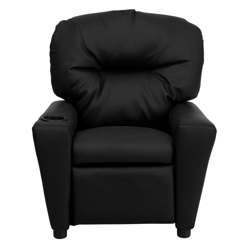 Contemporary Kids Recliner with Cup Holder, Leather - Black