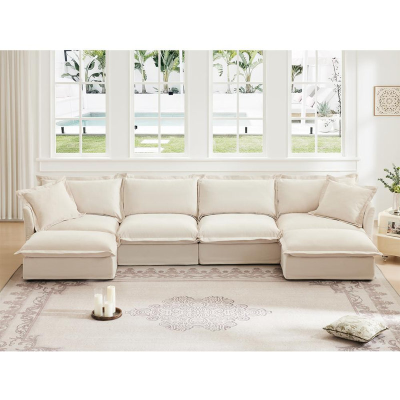 Allendale Slipcovered U-Shape Sectional Sofa, 34.6" H x 120" W x 55" D, Cream Chenille
