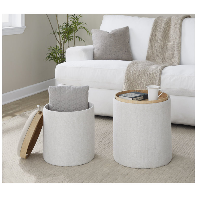 Ensemble de repose-pieds gigogne contemporain en tissu crème et finition en bois naturel