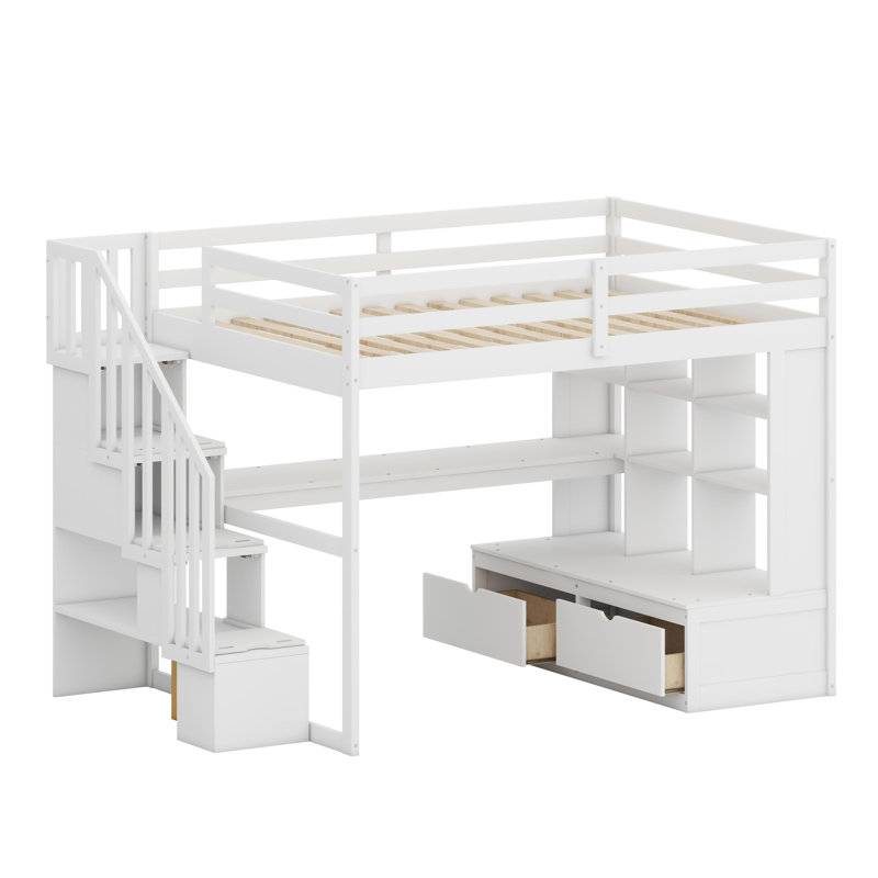Lit mezzanine avec bureau, tablettes, tiroirs intégrés et escalier de rangement, White