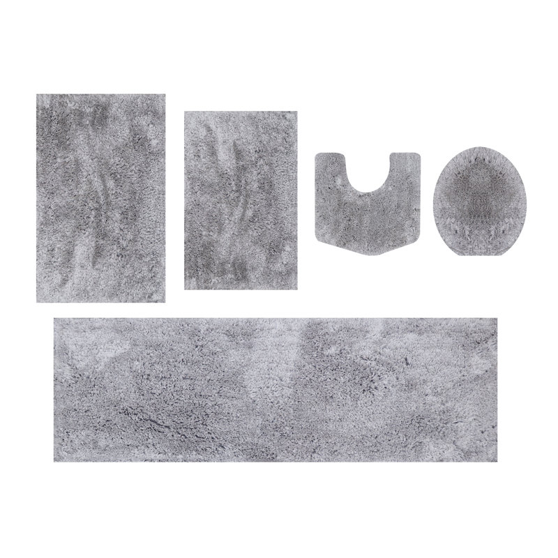 Essential 5-Piece Microfiber Bath Rug Set, Ultra Soft Plush Bathroom Mats, Non-Slip Rubber Backing, Water Absorbent, Quick-Dry, Machine Washable Rugs for Tub, Shower, Toilet and Sink, Grey