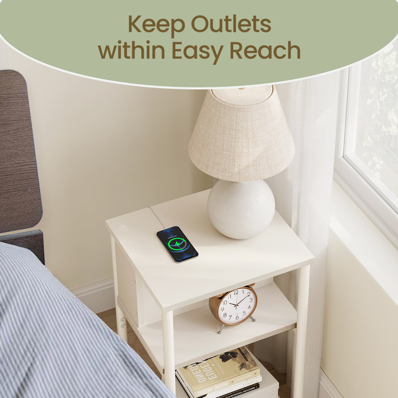 Side Table With Charging Station, Cream White