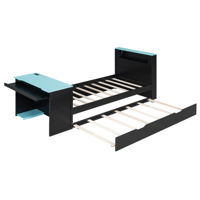 98.6" Long Twin Wood Daybed With Pull-Out Trundle - Gaming Bed With Integrated Desk & Keyboard Tray - Smart RGB LED Headboard With USB - Black & Blue