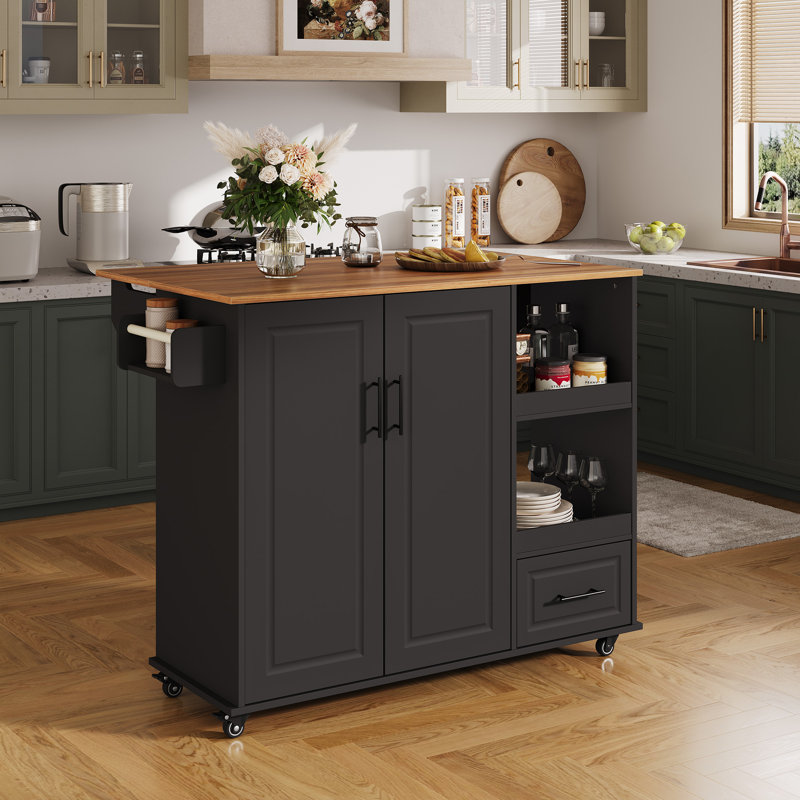 48" Rolling Kitchen Island Cart with Butcher Block Top – Black Mobile Storage Table with Drop Leaf, Drawer, Spice Rack & Lockable Wheels – Spacious Kitchen Utility Cart for Dining Room