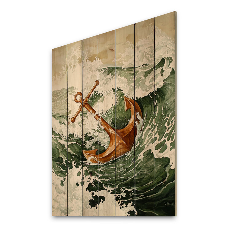 Ancre dans les vagues II - art mural en bois côtier sur bois de pin naturel, H 40 po x l 30 po