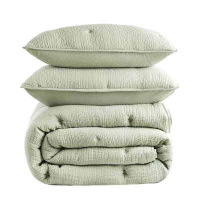 King Size 3 Cotton Quilt In Sage, Soft With Crinkled Texture, Breathable For Year-Round Use, Embroidered Design And Standard 100 Sage Gauze , Lightweight Comfortable , All Season Comfort, Tacking