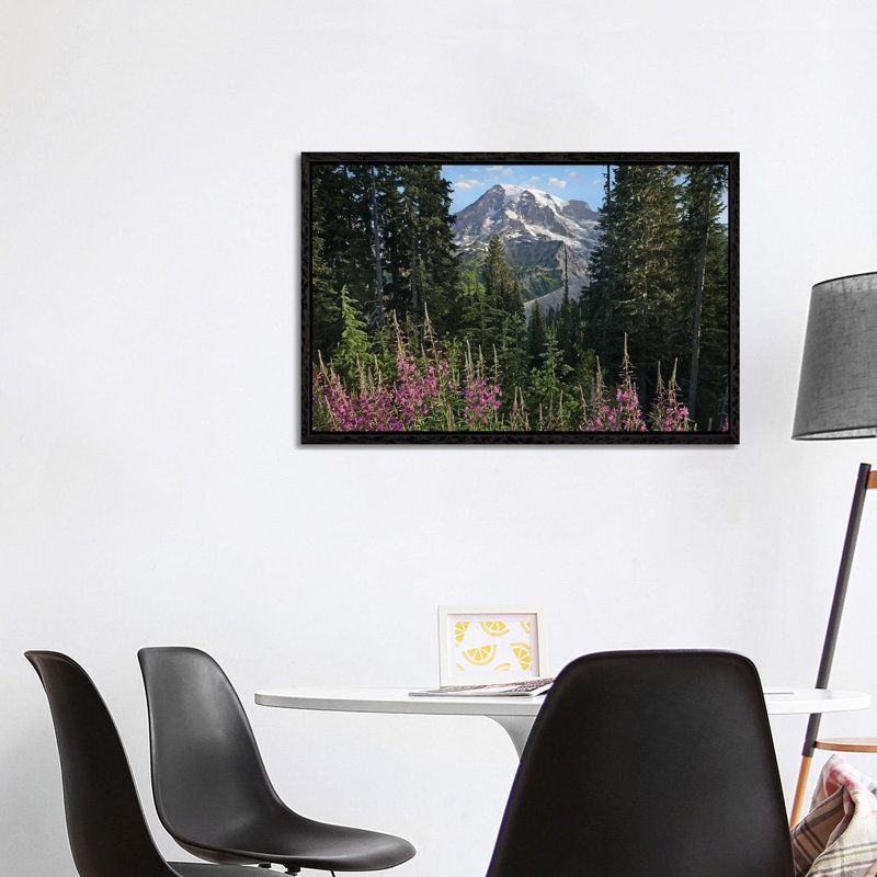 Fireweed Flowering And Mount Rainier, Mount Rainier National Park, Washington 1 Piece Wall Art on Canvas, Black Framed