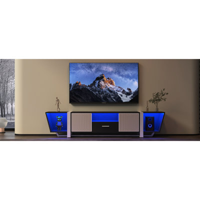 Console de télévision noire avec lumières DEL télécommandées, forme Biplan et grand rangement, centre de divertissement moderne de 60 à 69 pouces de forme, téléviseurs de rangement