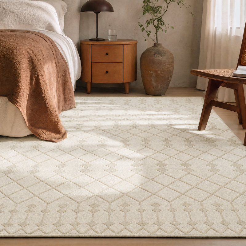 Tapis bohème moderne lavable en machine à poils longs et courts, couleur ivoire, Rectangle 9 pi x 12 pi