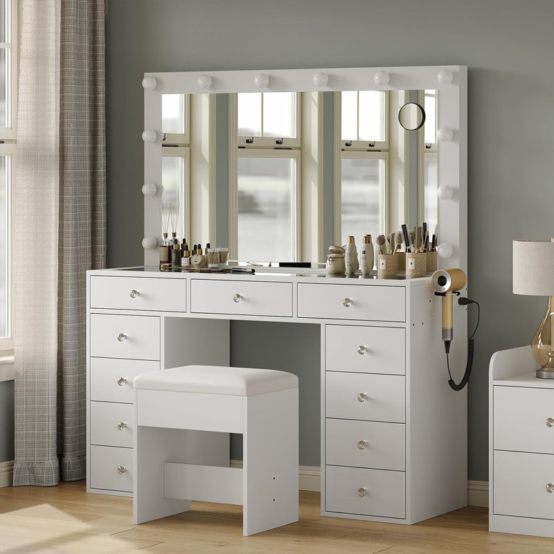 Vanity Desk with Illuminated Mirror & Power Outlet, 11 Drawers Vanity Table with Chair, Makeup Vanity with 12 LED Lights, Tempered Glass Top, Dressing Table for Bedroom,Dressing Room