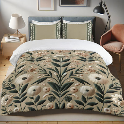 Ambesonne Sage Duvet Cover Set Ethnic Essence Soft Hue Floral Beige Dark Green and Peach -  ynev_sd1270_king