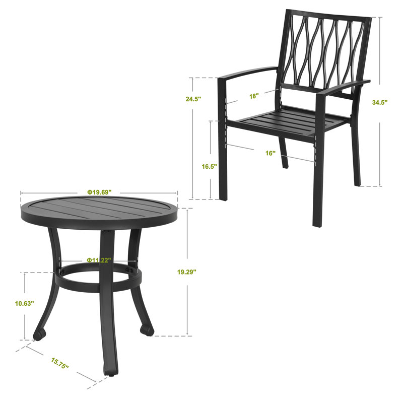 Outdoor 3-piece Iron Bistro Set, Powder-coated Finish, Black