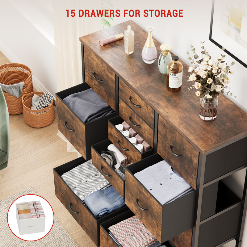 15 Drawer Tall Fabric Dresser Organizer – Large Storage Chest with Sturdy Metal Frame, Wooden Top, Easy-Pull Handles, Modern Rustic Brown Wood Grain Print – Tiger Stripes
