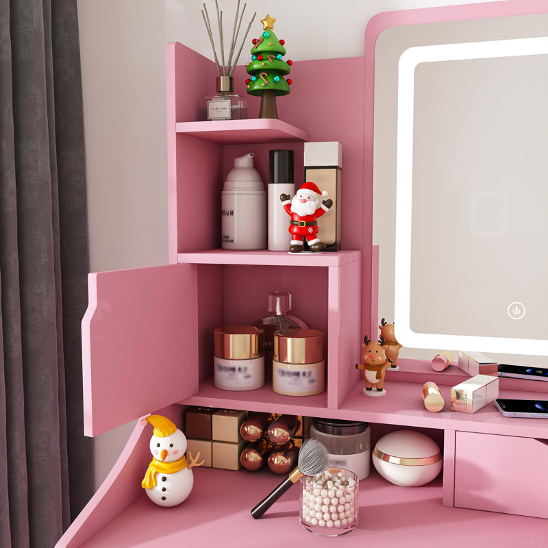 Miroir de coiffeuse à DEL avec tabouret, coiffeuse pour chambre à coucher, 2 tiroirs et 5 armoires de rangement, Rose