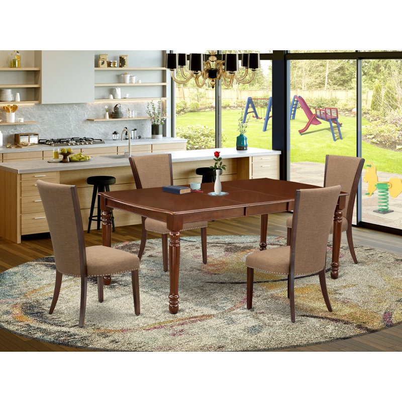 Ensemble de table de salle à manger 5 pièces comprenant une table rectangulaire en bois avec feuille papillon et 4 chaises rembourrées en tissu de lin sable, acajou