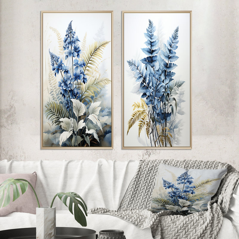 2 pièces sur toile - éclairage saphir de fougères, Encadrement brun, H 32 po x l 32 po