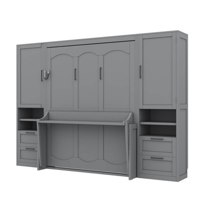 Grand lit escamotable mural avec placard, tiroirs et tablettes, gris