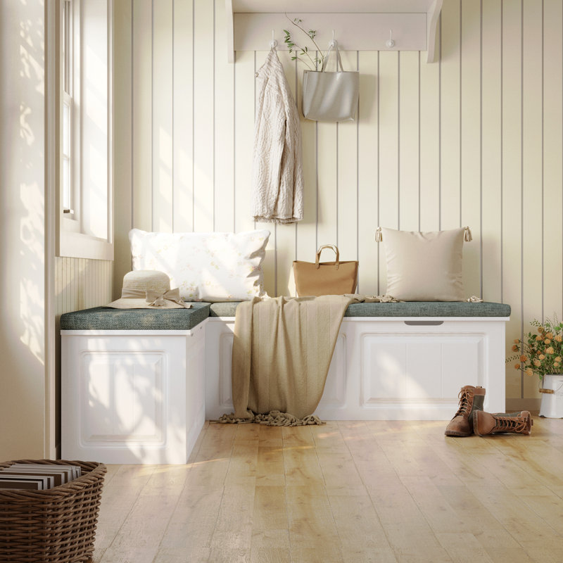L-Shape Storage Bench With Cushioned Seating, For Dining Room, Kitchen, Entryway