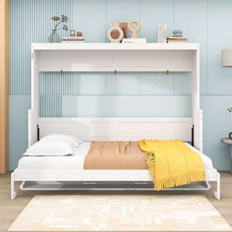 Lit escamotable en bois avec tablettes de rangement, Blanc, Grand