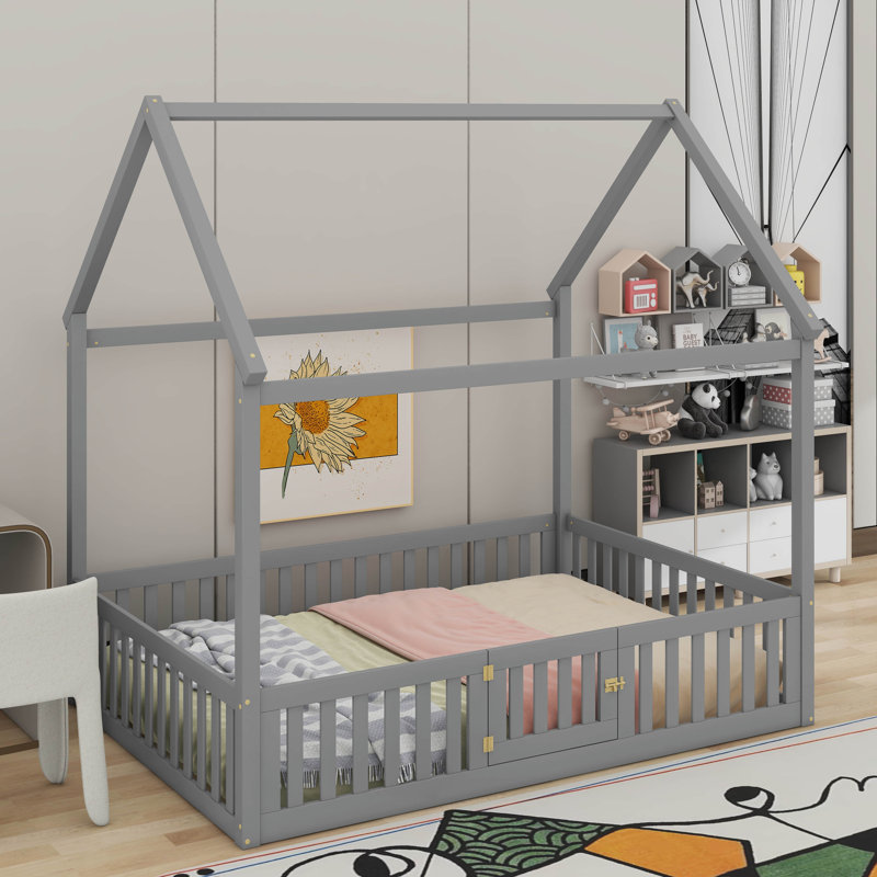 Lit en bois avec clôture et porte, Gris, Lit double
