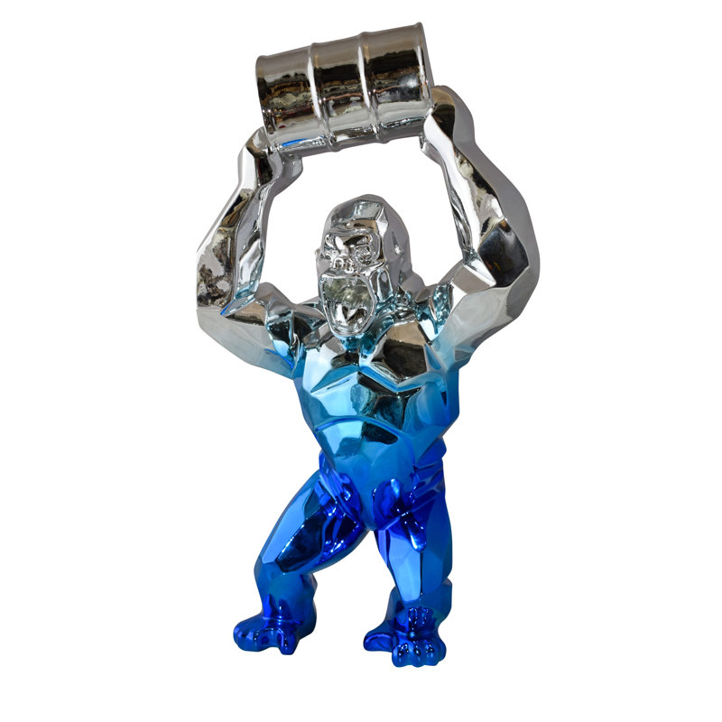Statue King Kong en textile Gniya rouge et or avec un tonneau, taille: 14 po x 7 po x H 24 po, Argent / bleu