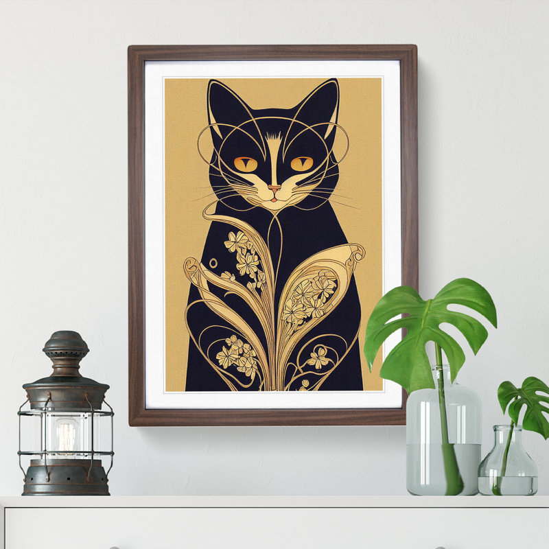 Cat Art Deco No.4 - Single Picture Frame Print, Walnut, 64cm H x 46cm W x 2cm D