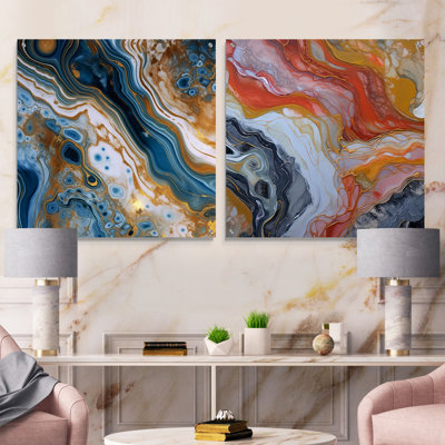 «Teal Orange Aqua Symphony», ensemble de 2 peintures murales abstraites en acrylique
