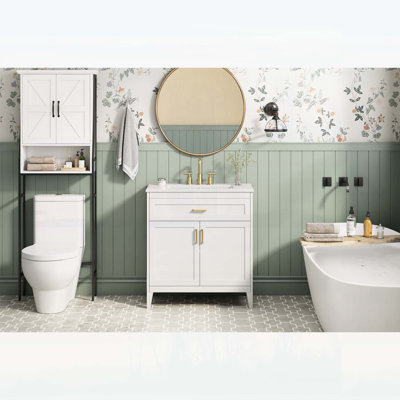 Meuble-lavabo de 30 pouces avec lavabo en céramique, pieds en bois massif, portes à fermeture douce et grand espace de rangement, beige
