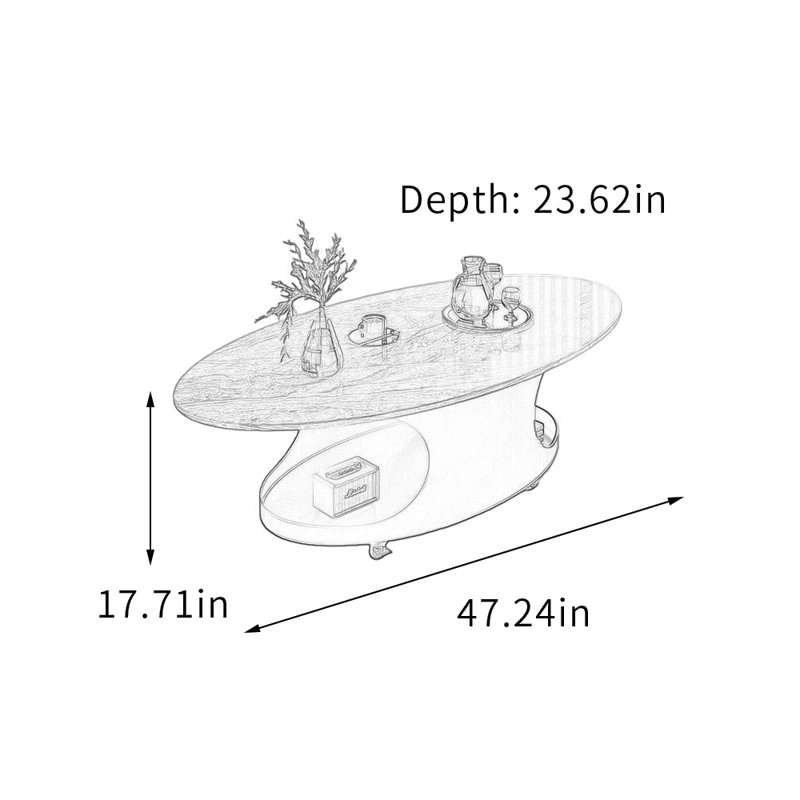 Table basse ovale simple avec poulie, Plateau gris/ base noire, 17,71 po H x 23,62 po P x 47,24 po L