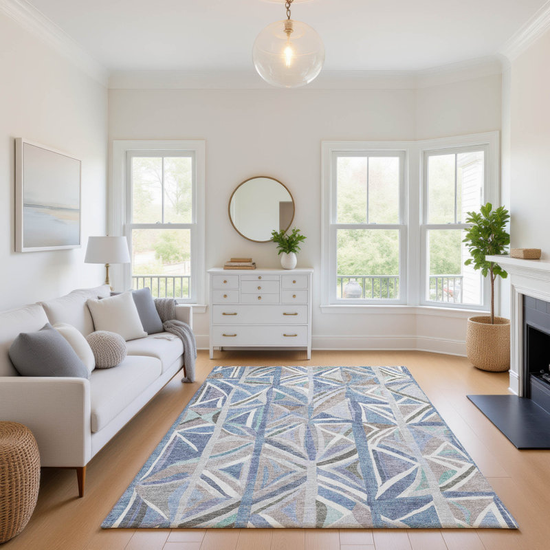 Premium Machine Washable Mayfield AMF2253 Geometric Rug, Denim, 2'6" x 3'10"
